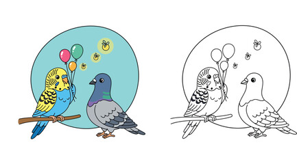Cute cartoon budgerigar parakeet holding colorful balloons and gray pigeon friend bird sitting together vector illustration circle design