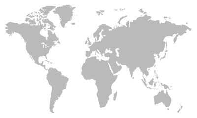 Gray world map silhouette illustration displaying global continents for business, travel, education, or infographic layout