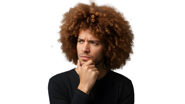 Thoughtful Man with Curly Hair touching chin - Isolated Portrait - Powered by Adobe