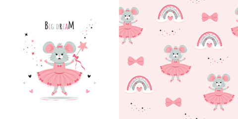 Children's background and seamless pattern with a cute ballerina mouse. Vector design for fabric, wallpaper, wrapping paper, and more.