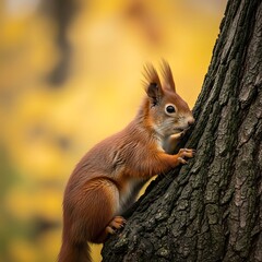 Obraz premium Squirrel climbing a tree trunk in autumn forest.