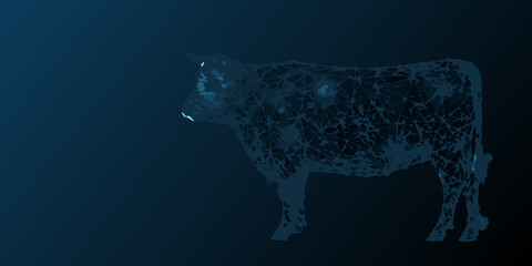A digital illustration of a cow rendered in a polygonal wireframe style