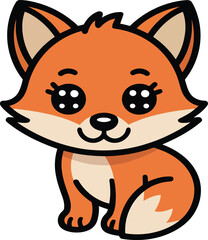 Cute cartoon orange fox with big black eyes and white pupils sitting down animal