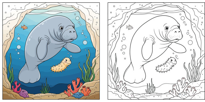Cute cartoon manatee and sea cucumber swimming underwater in ocean cave with coral and seaweed vector illustration for kids