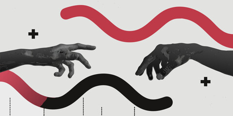 Hands reaching towards each other with abstract red and black wave designs