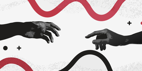 Reaching hands and abstract red lines against a stark white background