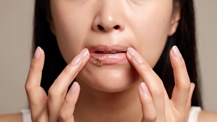 Close-Up Of Woman Touching Lips And Face Expressions Demonstrating Skin Care and Facial Movements