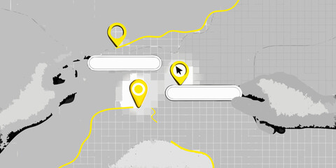 Abstract map illustration with yellow route pins and rectangular labels