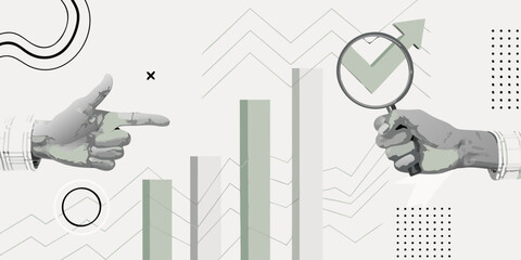 Pointing hand and magnifying glass over bar graph with abstract shapes