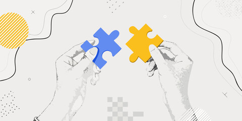 Hands connecting puzzle pieces symbolizing collaboration and problem solving solutions