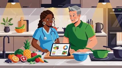 Collaborative Cooking Lessons Between Diverse Chef and Nutritionist in Modern Kitchen