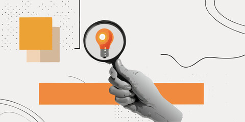 Hand holding magnifying glass over a light bulb illustration creative concept