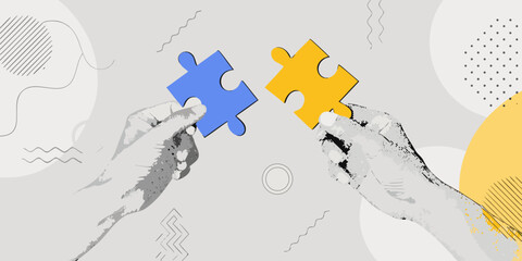 Hands connecting puzzle pieces with abstract shapes in the background