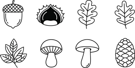 Black line art neat icons of neat acorn chestnut leaf mushroom pinecone fall set
