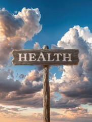 health is wealth sign with clouds and sky background  no logos no brands ar 34