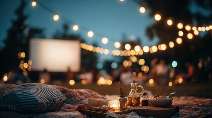 blurred outdoor summer movie night with string lights and picnic setup cozy backyard gathering concept perfect for seasonal lifestyle content