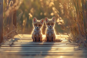 Two adorable fox kits sit on a path