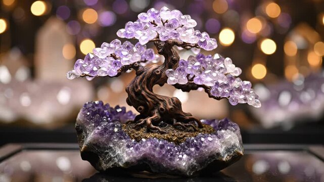 Amethyst crystal gemstone money tree bonsai sculpture with twisted trunk on geode base and bokeh background
