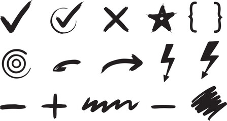 Bold Hand-Drawn Symbol Icon Set Featuring Expressive Checkmarks, Arrows, Stars, Lightning, and Abstract Marks