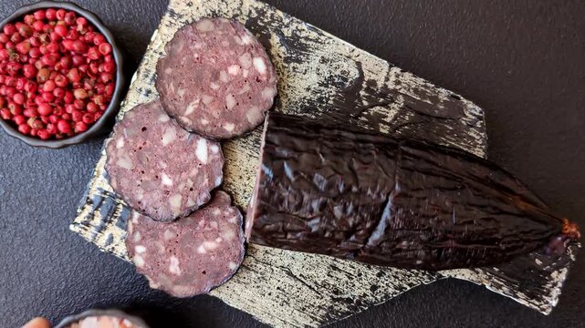 Black blood pudding, grilled pork sausage cooked for dinner. Blood pudding as a food background for your design