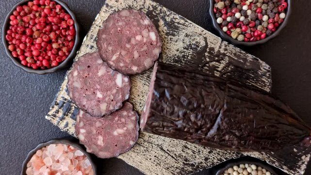 Black blood pudding, grilled pork sausage cooked for dinner. Blood pudding as a food background for your design