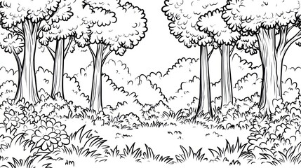 Forest scene, detailed line art. Lush trees, bushes, and grass fill the foreground and middle ground