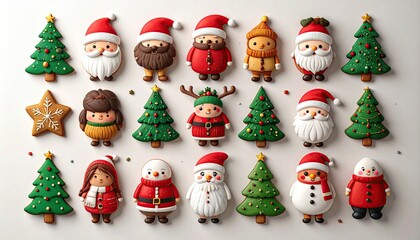A delightful collection of festive Christmas character cookies including Santa Claus snowmen and decorated trees.