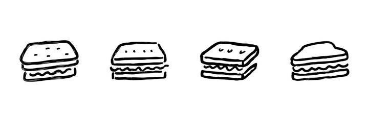 Sandwich Line Icon Set In Doodle Style. Fast Food, Snack, And Meal Representation Outline Sketch Collection. Hand Drawn Isolated Vector Illustration