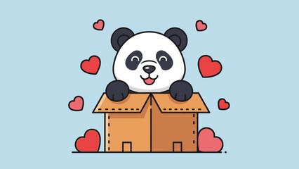 Panda's box of Love: An adorable panda peers out joyfully from a cardboard box surrounded by floating hearts, evoking warmth and affection. © khava