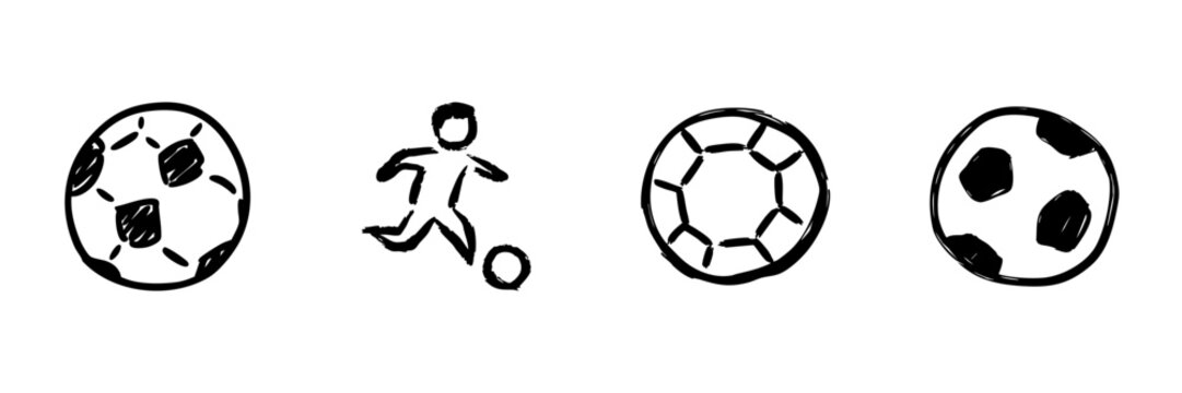 Soccer Ball And Player Line Icon Set In Doodle Style. Football Game, Sports Activity, And Team Play Outline Sketch Collection. Hand Drawn Isolated Vector Illustration