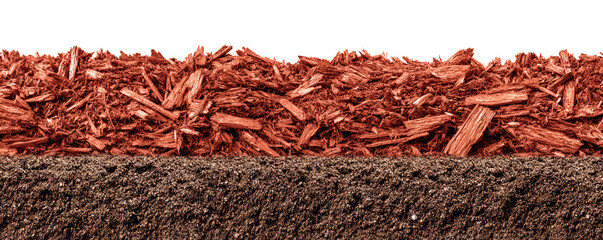 a cedar mulch base for walkway clipart, aromatic garden element, Close-up view of rich brown soil layered with vibrant red mulch, ideal for landscaping and gardening projects.