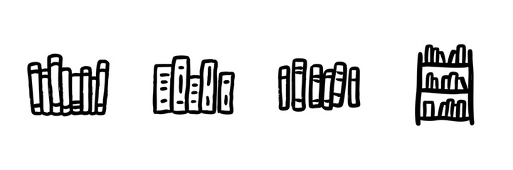 Books And Bookshelf Line Icon Set In Doodle Style. Library Organization, Reading, And Literature Collection Outline Sketch. Educational Resources. Hand Drawn Isolated Vector Illustration