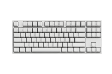 A top-down view of a classic white mechanical keyboard with a full number pad and function keys
