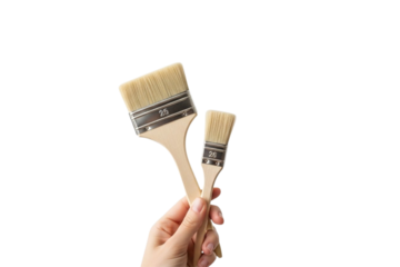 Hand holding two clean new paint brushes, large and small sizes isolated on transparent background