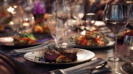 Fototapeta premium a beautifully arranged dinner table featuring gourmet dishes elegant glassware and a sophisticated atmosphere perfect for upscale dining events or celebrations