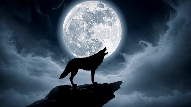 silhouette of a wolf howling at the full moon, dark night sky with dramatic clouds and mist, eerie atmosphere, cinematic lighting, fantasy wildlife scene