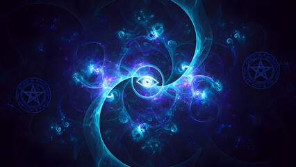 Abstract digital artwork featuring a central eye symbol surrounded by swirling blue and purple patterns.