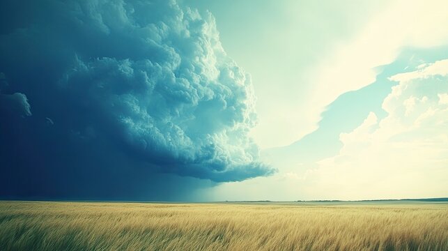 Colossal Blue Supercell Storm Looms Over a Vast, Windswept Golden Prairie.