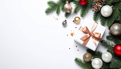 Festive Christmas Gift Box with Ornaments and Pine Branches on White Background.