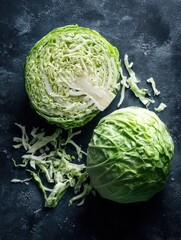 Obraz premium fresh young shredded cabbage whole head and cut piece isolated in white background modern hard light dark shadowvegetables for cutting spring salad vegan food diet vitamins no logos no brands ar 34