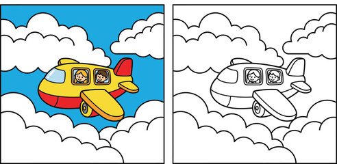 Cute cartoon airplane flying in the blue sky with happy children passengers. Yellow and red plane with boy and girl looking out window vector illustration for travel and vacation