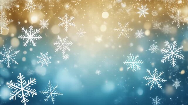 Abstract Christmas, light blue and gold background with delicate white snowflakes, mp4 video. AI