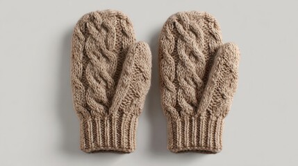 two beige knitted mittens are displayed on a white background showing the front of each glove