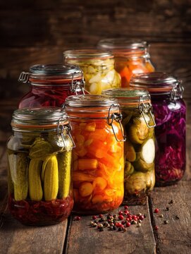 preserved vegetables in glass jars with seamer on a wooden background no logos no brands ar 34