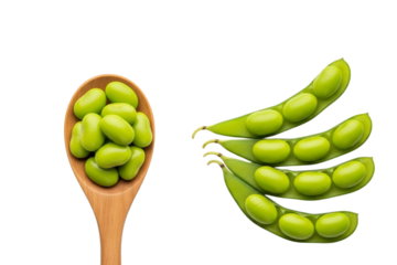 Fresh edamame beans in wooden spoon and opened pods, top view isolated on transparent background