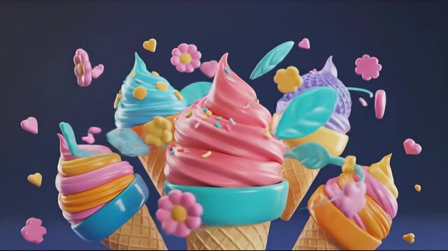 Colorful ice cream cones with sprinkles and decorative elements floating in animated motion on a dark background