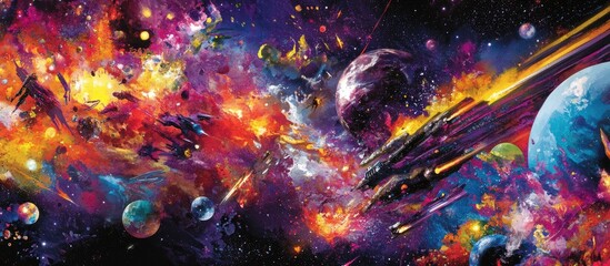 Cosmic Inferno: A vibrant, painterly panorama of a chaotic space battle, with fleets clashing amidst fiery explosions.