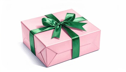 Obraz premium Elegant Pink Gift Box with Green Ribbon Bow Isolated on White Background.