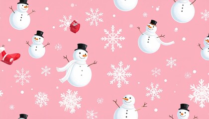 Cute Snowman Pattern with Snowflakes and Red Cardinal on Pink Background.