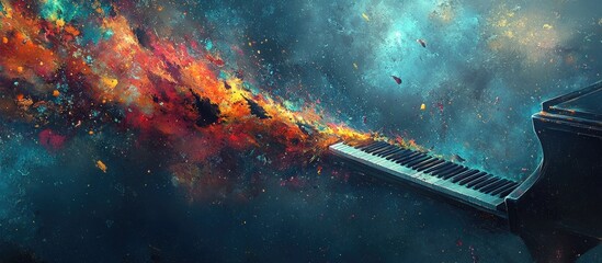 Cosmic Overture: A Grand Piano Unleashing a Fiery Nebula of Musical Creation